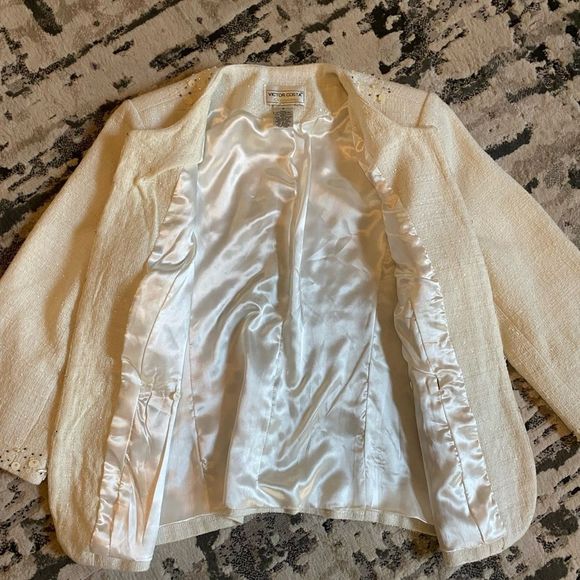 Vintage Victor Costa Tweed Creme Embellished Blazer Womens Small - Picture 3 of 9